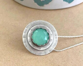 Aquamarine Silver Pendant, Circular Sterling Silver  Pendant,  Handmade Statement Jewel, Green Aquamarine Necklace