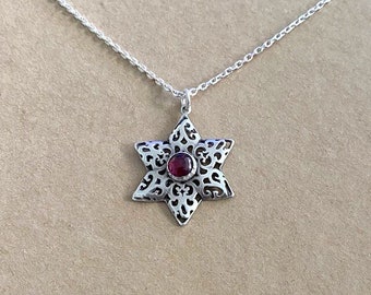 Star Of David In Filigree Style , Sterling Silver Magen David Necklace , Garnet David Star , Jewish Star Pendant