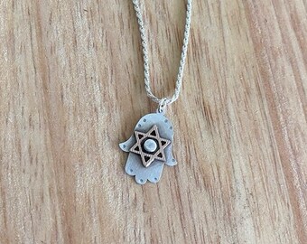 Hamsa With David Star , Sterling Silver Hamsa ,  Silver And Goldfield Hand , Unisex Protection Necklace