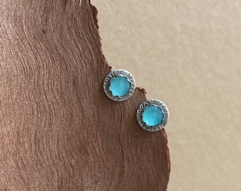 Aqua Chalcedony Studs ,  Post Earrings With Blue Stone , Silver Gems Studs , Hand Made Post Earrings , Textured Studs