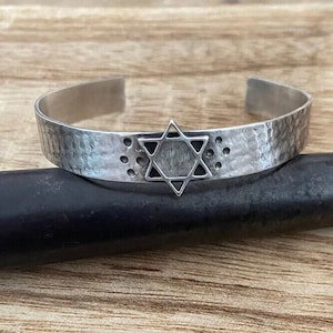 David Star Wide Bracelet , Sterling Silver Bangle , Mens Star Cuff , Textured Silver bracelet