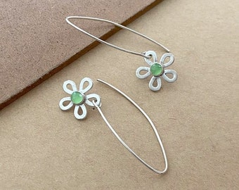 Silver Flower Earrings , Long Silver Earrings , Open Hoop Earrings , Opal Long Earrings