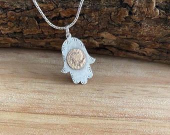 Hamsa Pendant In a Vintage Style , Silver and Goldfield Hamsa , Fatima Hand Necklace , Evil Eye Protection Jewel