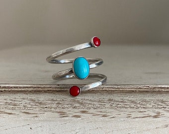 Adjustable Spiral Ring,  Silver Wire  Ring, Sterling Silver Wrap Ring, Ring With Turquoise And Coral,  Handmade Gems Ring