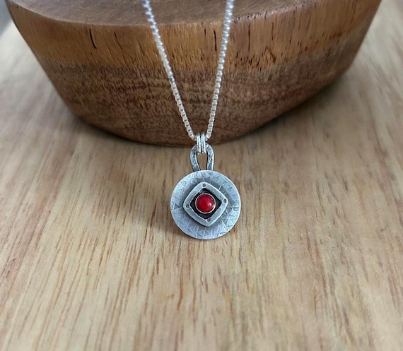 Sterling Silver Geometric Pendant with Red Coral Stone , Handmade  Boho Pendant