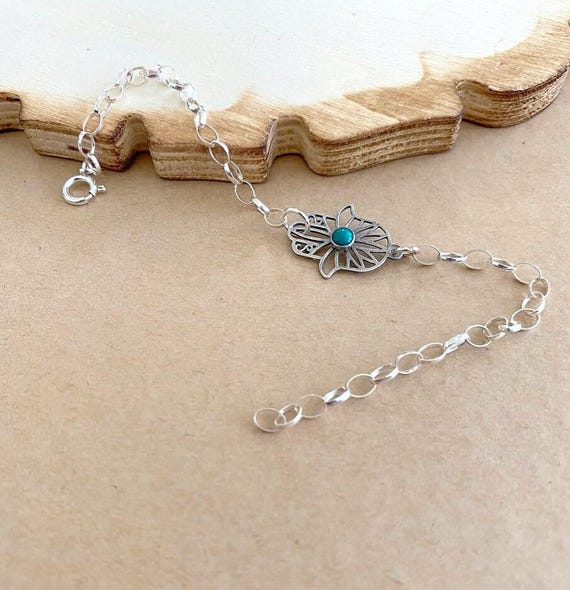 Sterling Silver Hamsa Bracelet: Garnet or Eilat Stone Charm