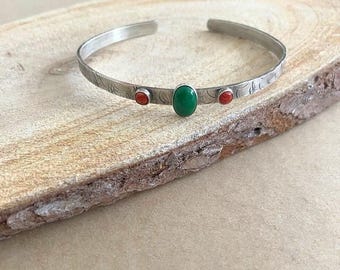 Silver Cuff Bangle , Woman Bracelet , Coral Stone Bracelet , Eilat stone Bangle , Open Gems Bracelet
