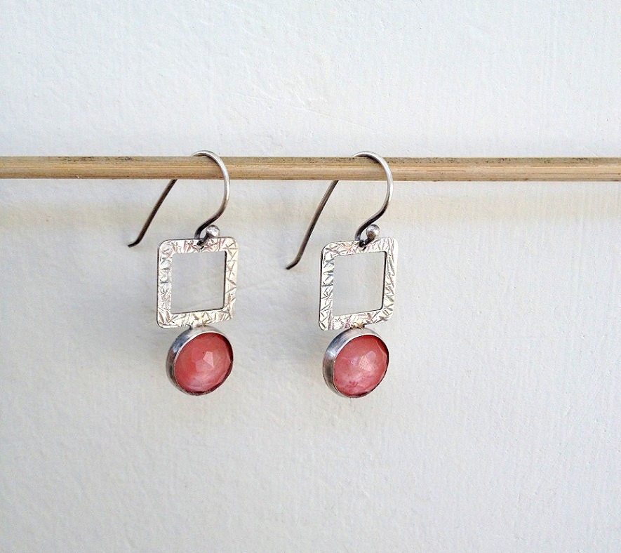 Rose Quartze Earrings Square Earrings Silver Pink Earrings - Etsy