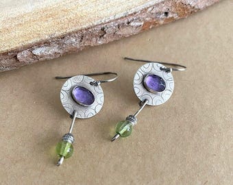 Amethyst Peridot Sterling Silver Dangle Earrings, Artisan Crafted