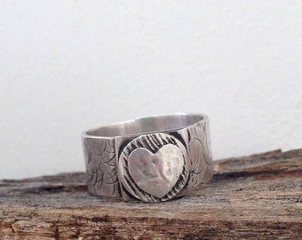 Sterling Silver Heart Ring , Wide Heart Ring , Love Gift , Tribal Textured Ring , Valentine's Day Gift