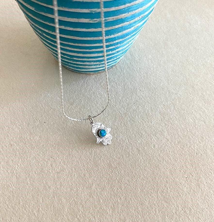 Opal Hamsa Necklace , Silver Small Hamsa Pendant , Opal Jewel , Evil Eye Necklace , Delicate Hamsa Necklace