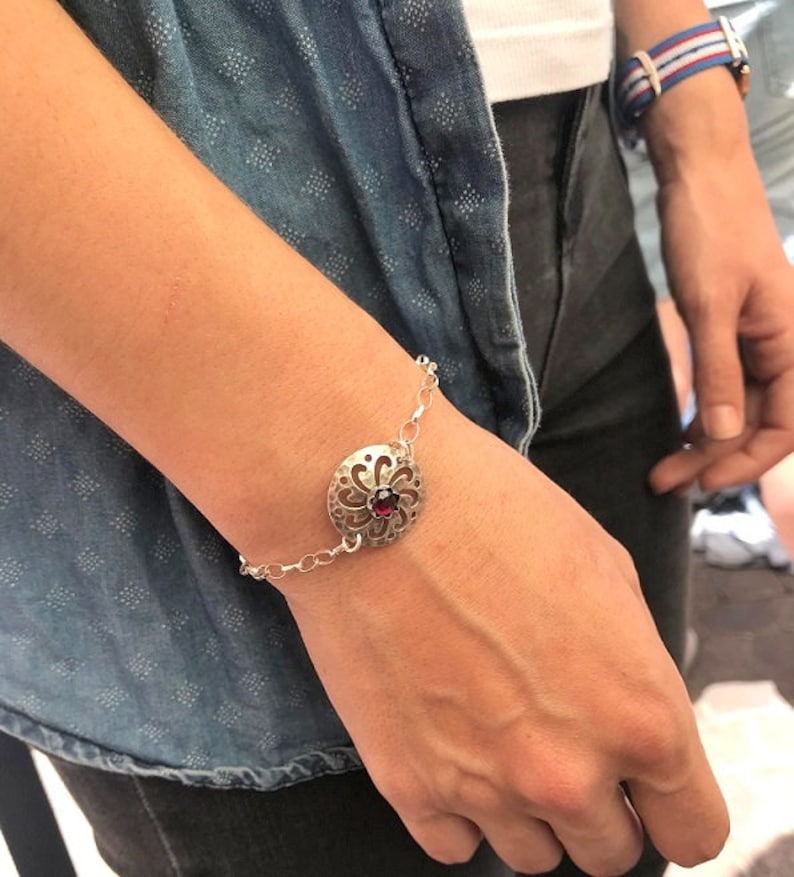 Sterling Silver Bracelet Handmade Chain Bracelet Garnet Bracelet