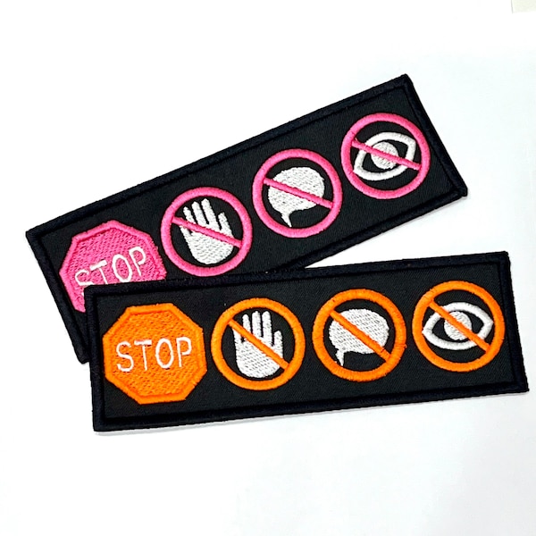 Parche largo ÚNICO con LOGO - STOP No Touch No Talk No Eye Contact Parche bordado de 2"x6"