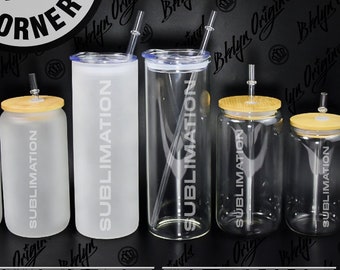 May include: Five sublimation tumblers with lids and straws. The tumblers are in different sizes and are made of clear glass and frosted glass. The tumblers are labeled "Sublimation".