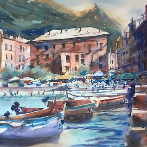 Portofino, Italy, sea, Liguria, watercolor, lake, harbor, wall, art, harbor, fishing boats, watercolor, art, original