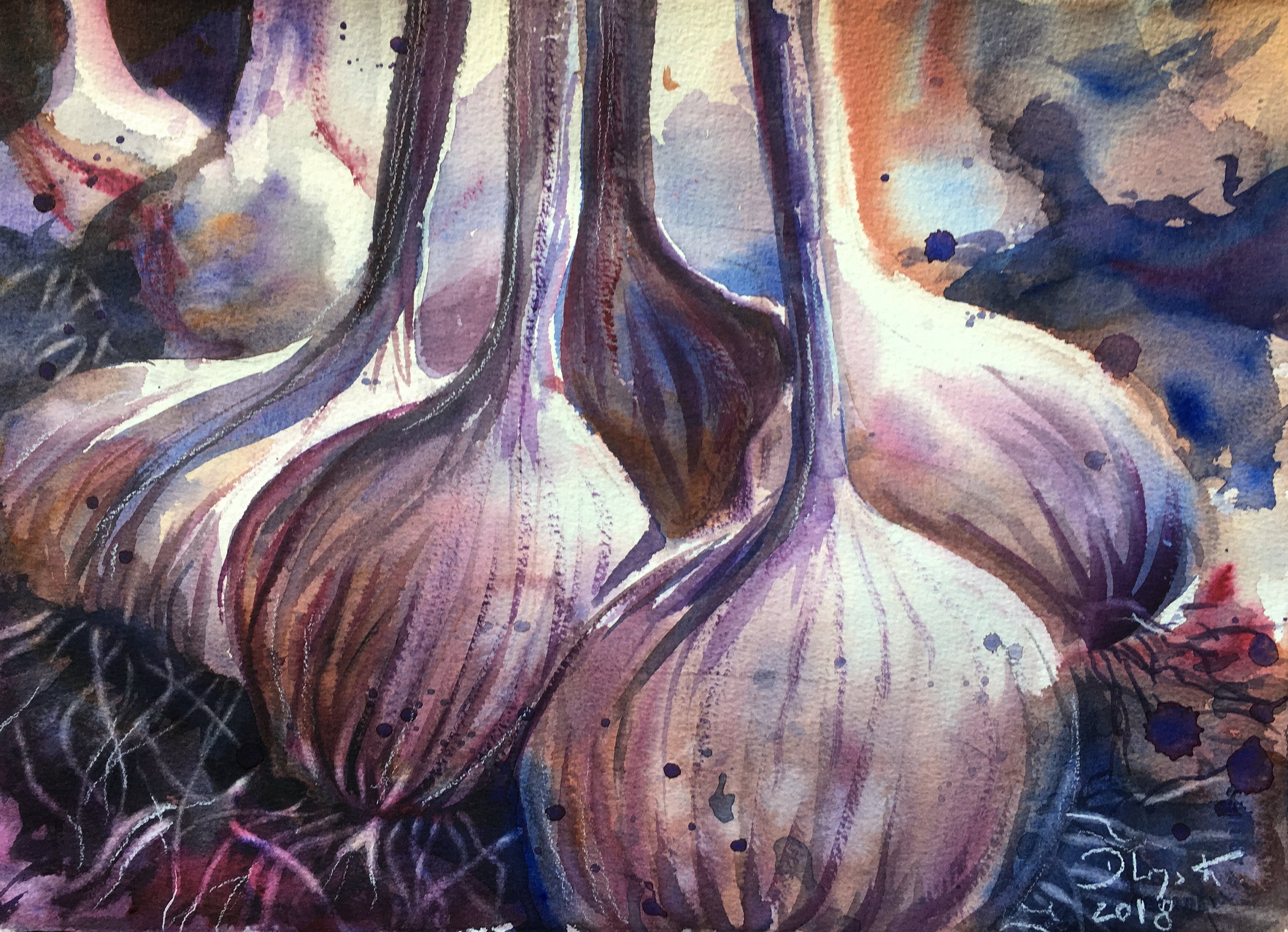 Still Life, Food, Garlic, Art, Watercolor, Painting, Kitchen, Cooking