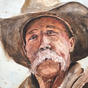 Cowboy, Wild West, portrait, watercolor, face, America, USA, prairie, painting, wall, art, original