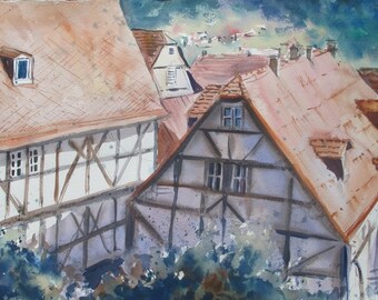 Fachwerk, Aquarell, Kunst, Malerei, Hessen, Dorf, Häuser, Wall Art, Gemälde