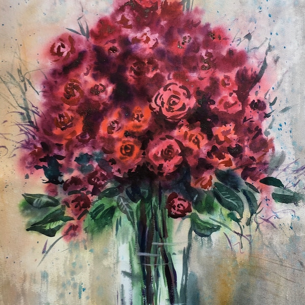 aquarell, stilleben, rosen, rot, vase, wall, art, vase, rosenbild