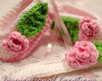 Crochet Baby Ballerina Slippers and Headband Set, Rosebud Applique