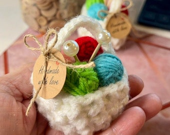 Crochet Christmas Yarn Basket Ornament with Mini Yarn Balls and Knitting Tools