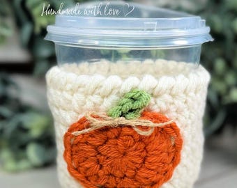Soft White Fall Crochet Cozy with Pumpkin Applique
