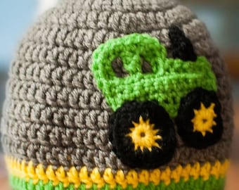 Crochet Baby Beanie, Gray Hat with Green Tractor, 3-6 Months