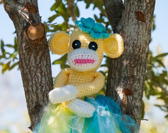 Crochet Sock Monkey in Yellow, Handmade Amigurumi, Soft Plushie Stuffed Toy