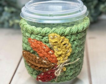 Crochet Cup Cozy – Handmade Sage Green Coffee Sleeve with Fall Leaves