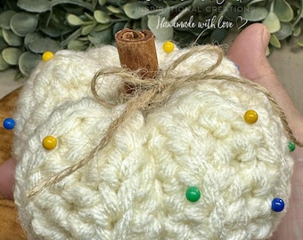 Handmade Crochet Pumpkin Pincushion – Cinnamon Stick, Rustic Fall Decor