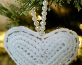 Crocheted White Heart Christmas Ornament, Acrylic Yarn, Farmhouse Style Option