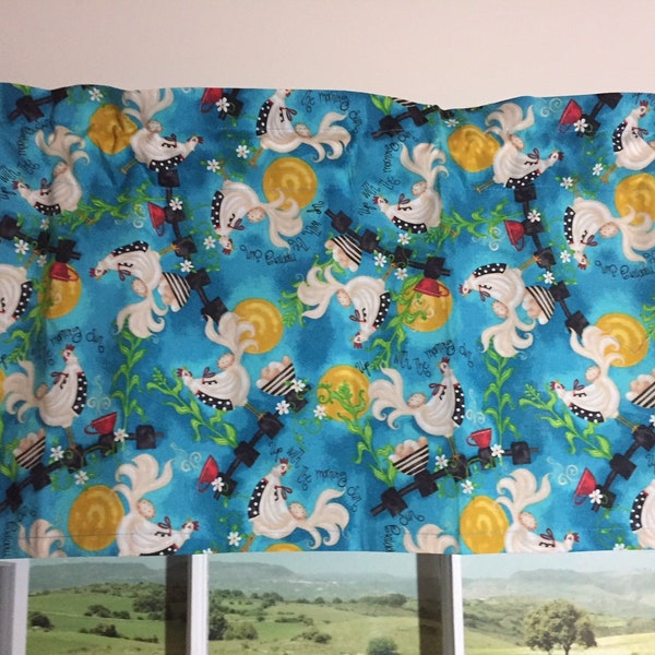 Country Roosters Morning Sun Kitchen Valance ~  Farm Rooster Blue Curtain Valance ~ Ready to Ship!