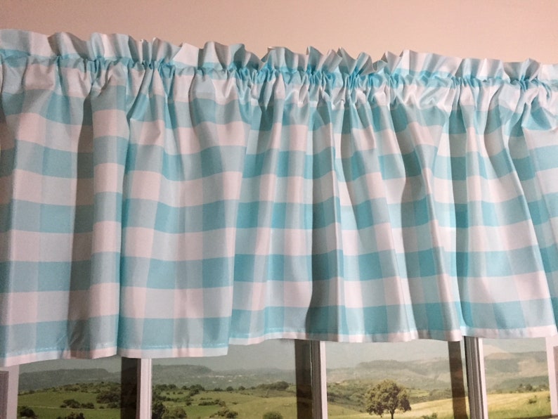 Aqua Buffalo Checks Valance ~ Shabby Chic Valance ~ Extra Wide ~ 70 Inches Wide