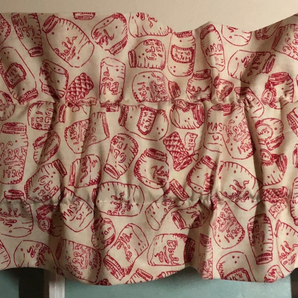 Red & Cream Canning Jars Ruffled Sleeve Valance ~ *Please Note: Sleeve Valances are 42" wide by 7.5" deep with a 3" Rod Pocket!*