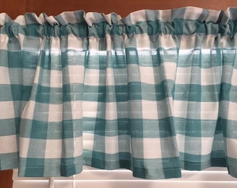 Teal and White  Country Kitchen Valance or Ruffled Sleeve Valance