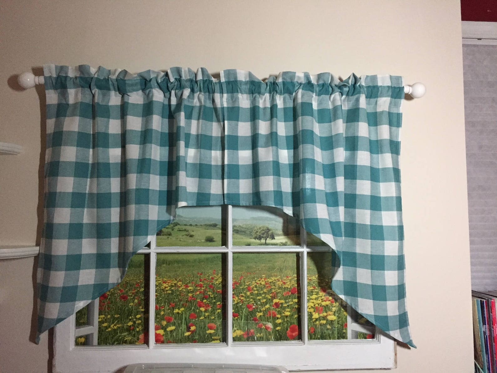 Teal and White Country Kitchen Valance Cafe Curtains and Etsy