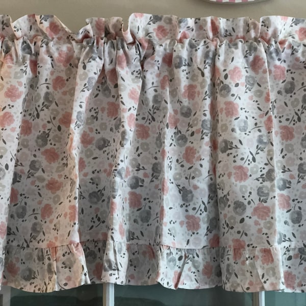 Shabby Chic Pink & Gray Valance with Bottom Ruffle ~ 68 Inches Wide