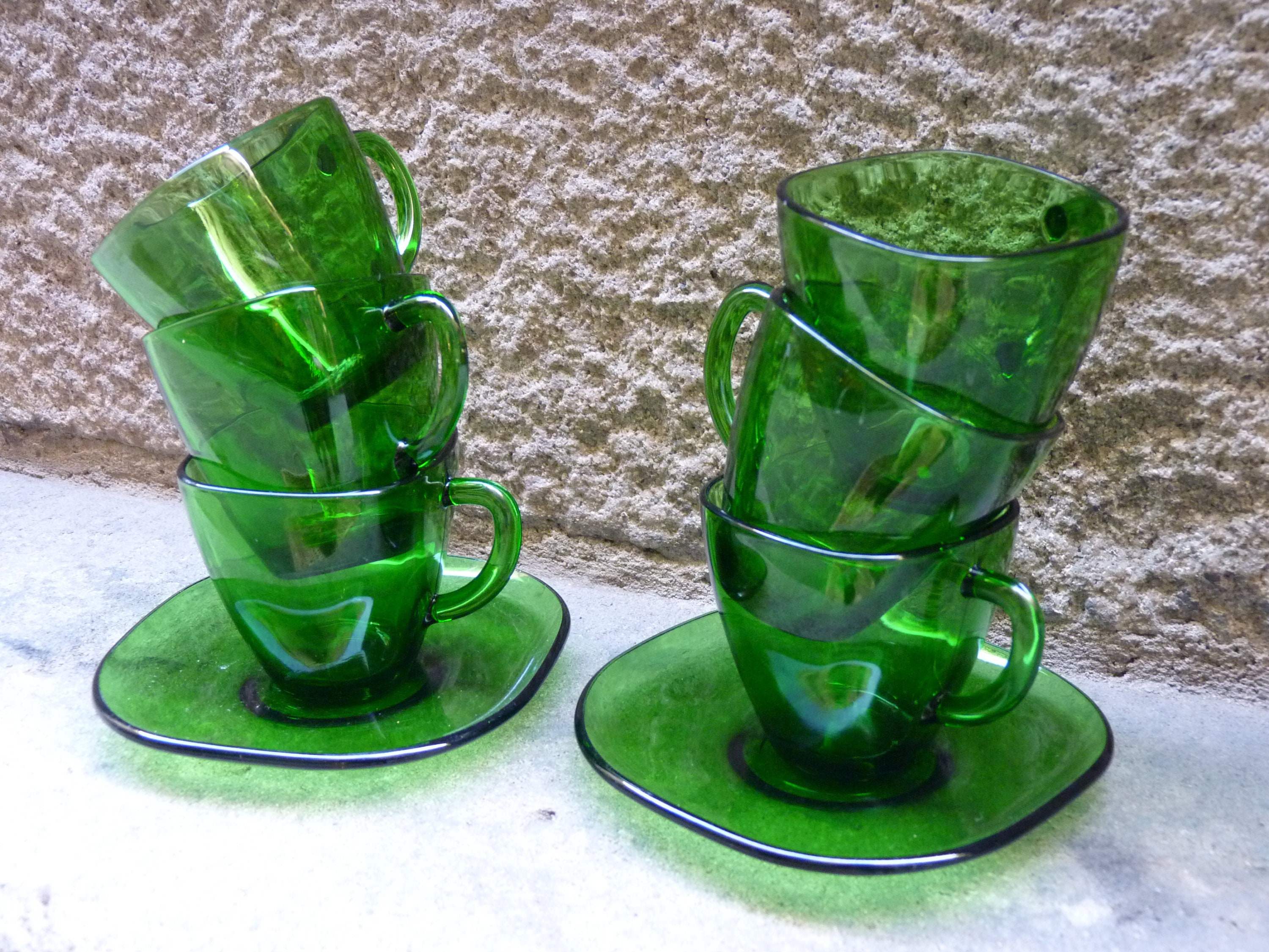 French VERECO green glass set of 6 cups and saucers 6070s Etsy