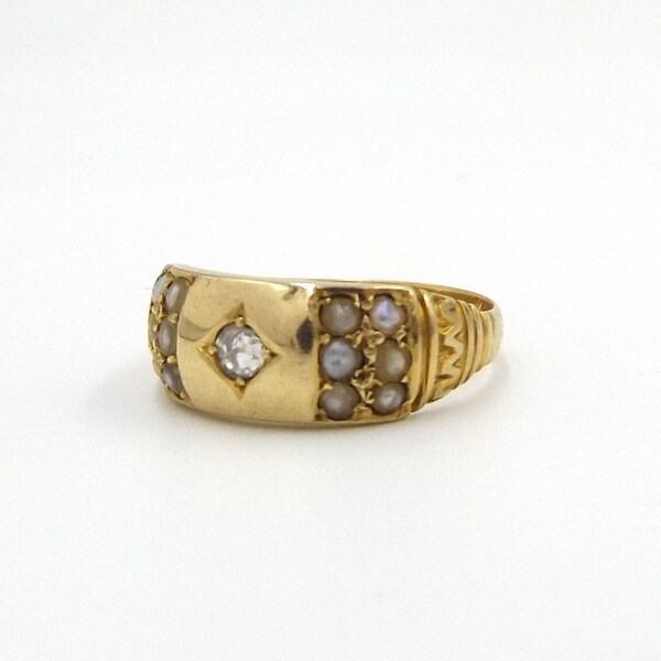 Victorian 18ct Gold Gypsy Set Diamond And Pearl Ring | Antique 18k Engagement Ring | UK size L 1/2 ~ US size 6