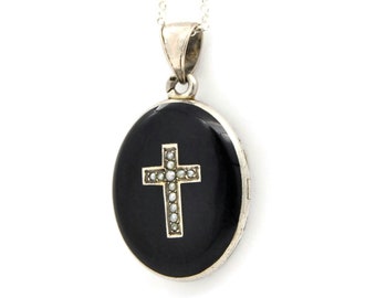 Antique Black Enamel Cross Locket | Large Victorian Sterling Silver Seed Pearl Mourning Locket Necklace