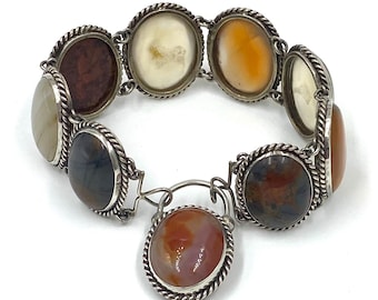 Victorian Sterling Silver Scottish Specimen Stone Agate Bracelet With Padlock
