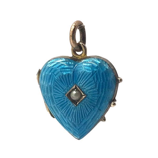 Antique 9ct Gold Blue Guilloche Enamel And Pearl Heart Locket Pendant