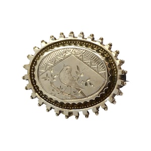 Antique Victorian Sterling Silver Locket Brooch Engraved With A Bird