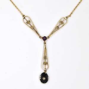 Antique 9ct Gold, Onyx, Pearl & Paste Pendant Necklace