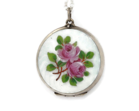 Antique Guilloche Enamel & Silver Locket Necklace