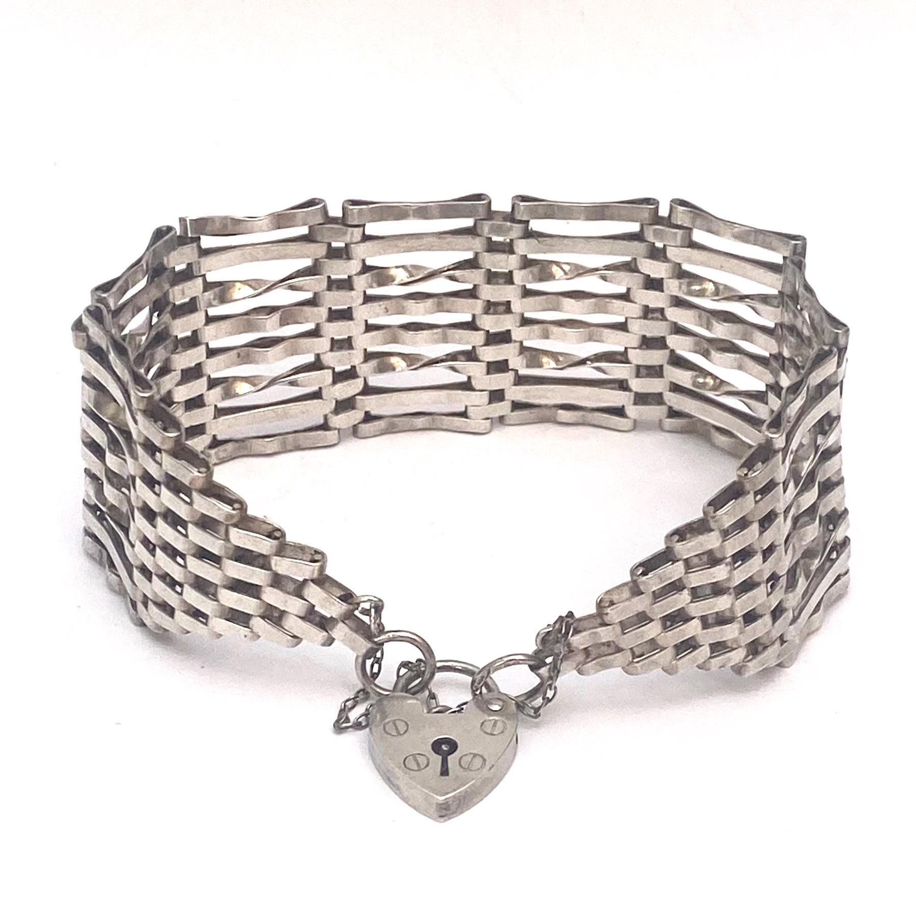 Vintage Wide 8 Bar Sterling Silver Gate Bracelet With Heart
