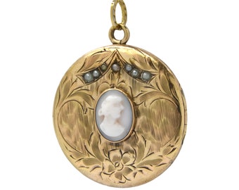 Edwardian Round Rolled Gold Seed Pearl & Shell Cameo Locket