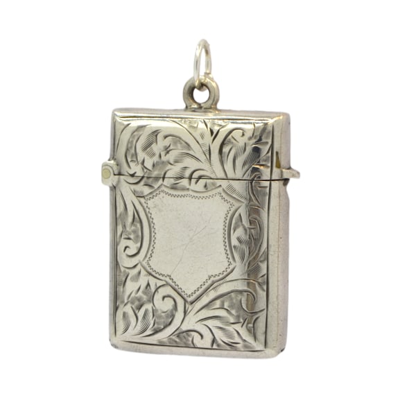 Antique Edwardian Sterling Silver Vesta Case Pendant | Small Engine Turned Pocket Match Safe