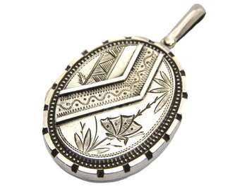 Antique Victorian Sterling Silver Engraved Butterfly Locket Necklace