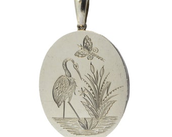 Large Antique Victorian Sterling Silver Engraved Heron & Butterfly Locket Necklace